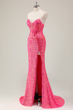 Sparkly Fuchsia Mermaid Abito da ballo lungo senza spalline con fessura