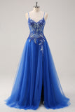 Royal Blue A Line Spaghetti Straps Corsetto Tulle Abito da cerimonia con ricamo