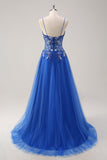 Royal Blue A Line Spaghetti Straps Corsetto Tulle Abito da cerimonia con ricamo