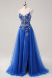 Royal Blue A Line Spaghetti Straps Corsetto Tulle Abito da cerimonia con ricamo