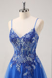 Royal Blue A Line Spaghetti Straps Corsetto Tulle Abito da cerimonia con ricamo