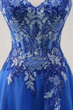 Royal Blue A Line Spaghetti Straps Corsetto Tulle Abito da cerimonia con ricamo