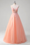 Sparkly Peach A-Line Corsetto floreale tulle lungo abito da cerimonia con perline