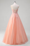 Sparkly Peach A-Line Corsetto floreale tulle lungo abito da cerimonia con perline