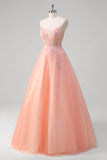 Sparkly Peach A-Line Corsetto floreale tulle lungo abito da cerimonia con perline