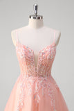 Sparkly Peach A-Line Corsetto floreale tulle lungo abito da cerimonia con perline