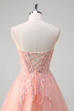 Sparkly Peach A-Line Corsetto floreale tulle lungo abito da cerimonia con perline