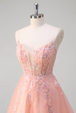 Sparkly Peach A-Line Corsetto floreale tulle lungo abito da cerimonia con perline