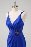 Scintillante Royal Blue Mermaid Spaghetti Straps Abito lungo da ballo con fessura