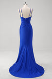 Scintillante Royal Blue Mermaid Spaghetti Straps Abito lungo da ballo con fessura