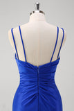 Scintillante Royal Blue Mermaid Spaghetti Straps Abito lungo da ballo con fessura