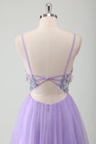 Viola Tulle A-Line Spaghetti Straps Aperto Indietro Abito da cerimonia Lungo con Appliques