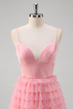 Rosa A Line Spaghetti Straps Tulle Tiered Abito da Cerimonia lungo