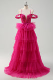 Hot Pink Cold Shoulder A-Line Tulle Tiered Abito da cerimonia lungo con appliques