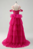 Hot Pink Cold Shoulder A-Line Tulle Tiered Abito da cerimonia lungo con appliques