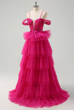 Hot Pink Cold Shoulder A-Line Tulle Tiered Abito da cerimonia lungo con appliques