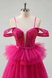 Hot Pink Cold Shoulder A-Line Tulle Tiered Abito da cerimonia lungo con appliques