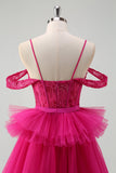 Hot Pink Cold Shoulder A-Line Tulle Tiered Abito da cerimonia lungo con appliques