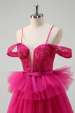 Hot Pink Cold Shoulder A-Line Tulle Tiered Abito da cerimonia lungo con appliques