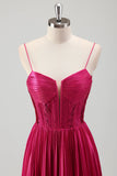 Fucsia A Line Spaghetti Straps Corsetto Abito da cerimonia a pieghe con lacci sul retro