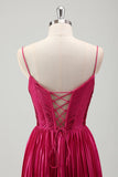 Fucsia A Line Spaghetti Straps Corsetto Abito da cerimonia a pieghe con lacci sul retro