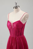 Fucsia A Line Spaghetti Straps Corsetto Abito da cerimonia a pieghe con lacci sul retro