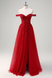 Rosso A-Line Off the Spalla Tulle Corsetto lungo Abito da cerimonia con fessura