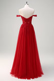 Rosso A-Line Off the Spalla Tulle Corsetto lungo Abito da cerimonia con fessura