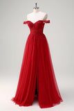 Rosso A-Line Off the Spalla Tulle Corsetto lungo Abito da cerimonia con fessura