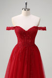 Rosso A-Line Off the Spalla Tulle Corsetto lungo Abito da cerimonia con fessura