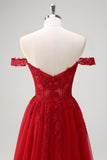 Rosso A-Line Off the Spalla Tulle Corsetto lungo Abito da cerimonia con fessura