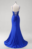 Royal Blue Mermaid Spaghetti Straps Corsetto Abito da Cerimonia lungo con applique