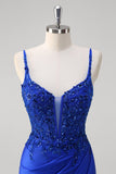 Royal Blue Mermaid Spaghetti Straps Corsetto Abito da Cerimonia lungo con applique