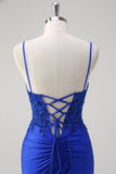 Royal Blue Mermaid Spaghetti Straps Corsetto Abito da Cerimonia lungo con applique