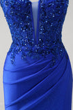 Royal Blue Mermaid Spaghetti Straps Corsetto Abito da Cerimonia lungo con applique