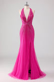 Fucsia sirena capestro aperto indietro perline lungo abito da ballo con fessura