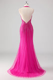 Fucsia sirena capestro aperto indietro perline lungo abito da ballo con fessura