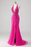 Fucsia sirena capestro aperto indietro perline lungo abito da ballo con fessura