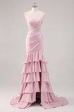 Blush Mermaid Corsetto senza spalline Tiered Abito da ballo lungo con fessura