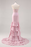 Blush Mermaid Corsetto senza spalline Tiered Abito da ballo lungo con fessura