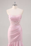 Blush Mermaid Corsetto senza spalline Tiered Abito da ballo lungo con fessura