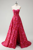 Fucsia floreale jacquard fidanzata principessa corsetto lungo Abito da cerimonia con fessura