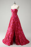 Fucsia floreale jacquard fidanzata principessa corsetto lungo Abito da cerimonia con fessura