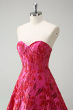 Fucsia floreale jacquard fidanzata principessa corsetto lungo Abito da cerimonia con fessura