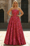 Abito da ballo lungo fucsia floreale taglie forti modello A-line senza spalline