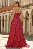Abito da ballo lungo fucsia floreale taglie forti modello A-line senza spalline