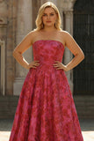 Abito da ballo lungo fucsia floreale taglie forti modello A-line senza spalline