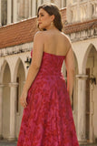 Abito da ballo lungo fucsia floreale taglie forti modello A-line senza spalline