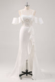 Bianco sirena freddo spalla corsetto Appliqued lungo Prom Dress con fessura