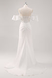Bianco sirena freddo spalla corsetto Appliqued lungo Prom Dress con fessura